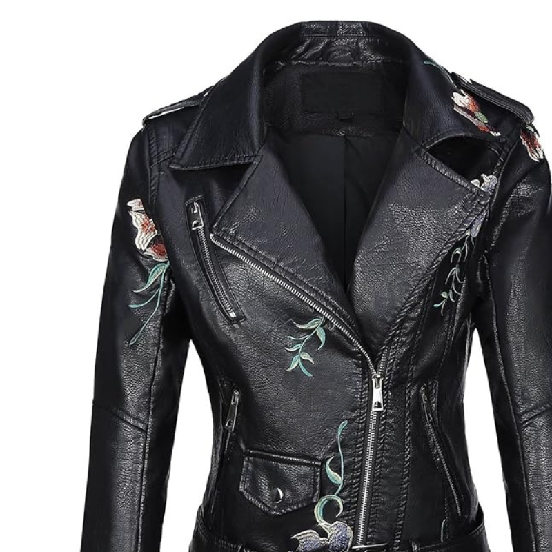 Women's Studded Faux Leather Jacket with Floral Design